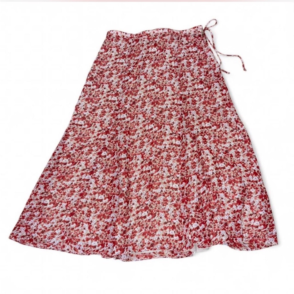 Rena Rowan Floral Chiffon Midi Skirt Size 6 Red White Ditsy Floral A-Line Ruffle